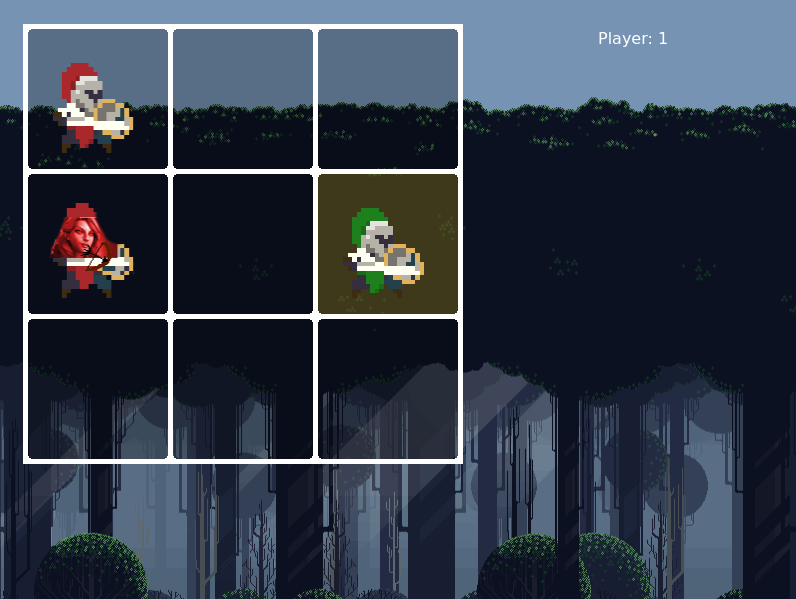 Very raw version of tick-fight-toe. Grid 3x3 with sprite of knight and temporary
sprite of archer (head of windrunner from DOTA2 on knight's sprite)